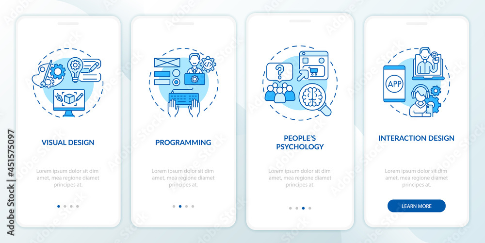 UX design process onboarding mobile app page screen. Visual and ...