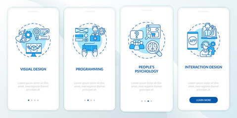 UX design process onboarding mobile app page screen. Visual and interaction design walkthrough 4 steps graphic instructions with concepts. UI, UX, GUI vector template with linear color illustrations