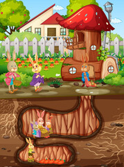 Poster - Underground rabbit hole with ground surface of the garden scene