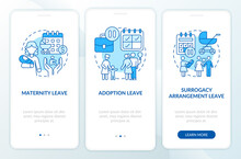 Maternity Leave Types Blue Onboarding Mobile App Page Screen. Adoption, Surrogacy Walkthrough 3 Steps Graphic Instructions With Concepts. UI, UX, GUI Vector Template With Linear Color Illustrations