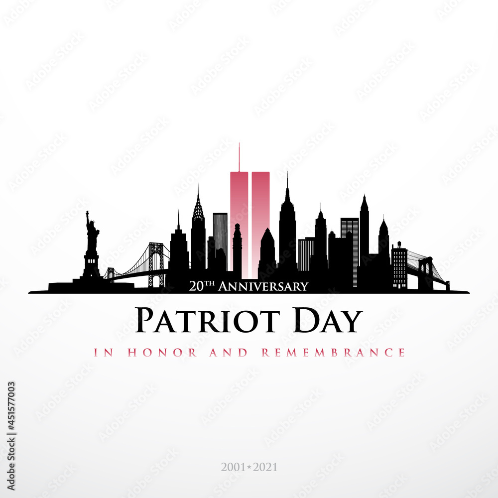 Patriot Day NYC skyline banner. Panorama view of New York before September 11, 2001. In honor and remembrance. 20 th Anniversary 2001-2021. Stock vector illustration. - obrazy, fototapety, plakaty 