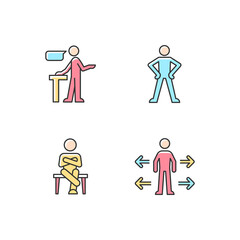 Wall Mural - Communication skills RGB color icons set. Confident speaking. Confidence body language. Crossed legs, arms. Personal space. Isolated vector illustrations. Simple filled line drawings collection