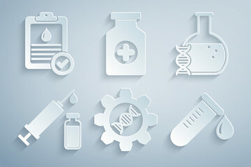 Poster - Set Genetic engineering, DNA research, search, Medical syringe and vial, Test tube with drop of blood, Medicine bottle and Clipboard test icon. Vector