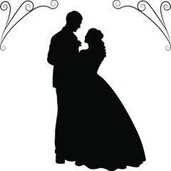 the bride and groom are standing side by side, black and white silhouettes