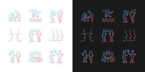 Sticker - Communication process gradient icons set for dark and light mode. Physical behavior. Eye contact. Thin line contour symbols bundle. Isolated vector outline illustrations collection on black and white