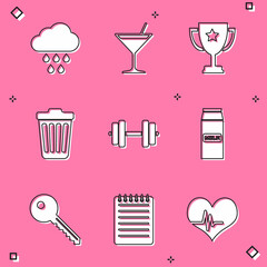 Wall Mural - Set Cloud with rain, Martini glass, Trophy cup, Trash can, Dumbbell and Paper package for milk icon. Vector