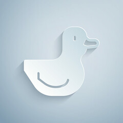 Wall Mural - Paper cut Rubber duck icon isolated on grey background. Paper art style. Vector