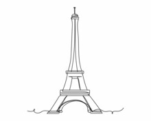 Continuous One Line Drawing Of Eiffel Tower Icon In Silhouette On A White Background. Linear Stylized.Minimalist.