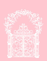 Wall Mural - white vector silhouette of elegant entrance arch with ornate gate doors decorated with blooming sakura tree branches