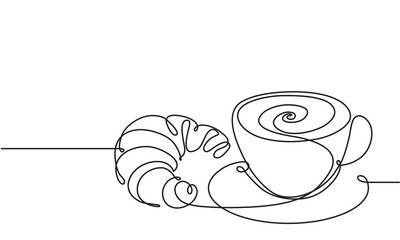 Cup and croissant. Coffee, tea. Vector sketch. Hot drink and pastries. Continuous line drawing.