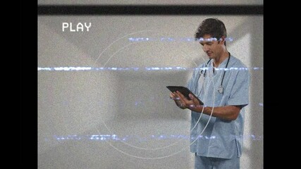 Poster - Animation of play digital interface on screen with glitch over male doctor with tablet