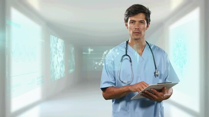 Wall Mural - Animation of screens with data processing over male doctor with clipboard