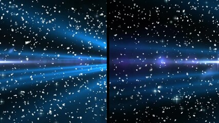 Wall Mural - Animation of split screen showing blue spotlight and light beams, with glowing particles, on black