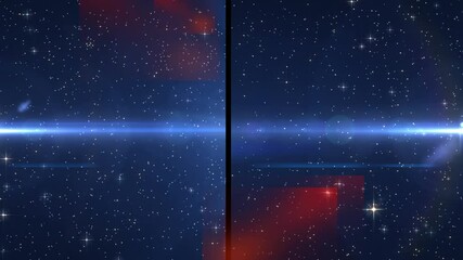 Wall Mural - Animation of split screen showing blue spotlight and light trail, with glowing particles, on black