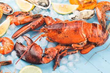 Sticker - Seafood dinner, seafood dinner with fresh lobster, crab, mussel and oyster as background