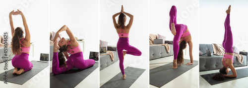 Composite image of photos of young sportive slim woman doing yoga, pilates at home with online coach, master. Sport, training, athlete, workout, improvement, ad concept
