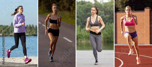 Collage about fit young women, professional athletes and amateur training, running outdoors. Sport, training, athlete, workout, exercises concept