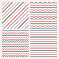 Set of 4 seamless patterns with blue and pink lines.