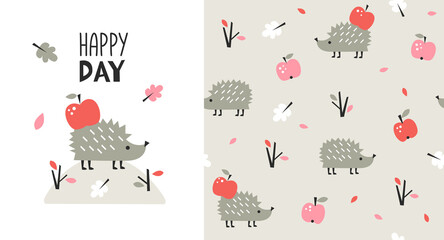 Childish cute print and pattern set with little hedgehog, animal seamless background. Perfect for fabric, textile, and print. Hand drawn vector Illustration