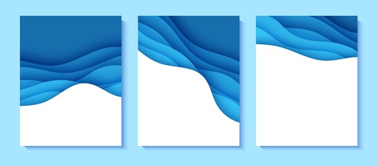 Wall Mural - set of flyers with blue waves in paper cut style. collection of three papercut art empty banners for