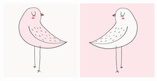 Cute Hand Drawn Vector Illustrations With Funny Birds On An Off-White And Pastel Pink Background. Sweet Infantile Style Nursery Art With Dreamy Birds Ideal For Card, Wall Art, Poster, Decoration.