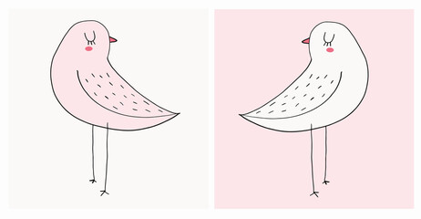 Cute Hand Drawn Vector Illustrations with Funny Birds on an Off-White and Pastel Pink Background. Sweet Infantile Style Nursery Art with Dreamy Birds ideal for Card, Wall Art, Poster, Decoration.