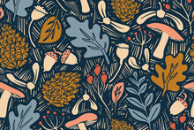 Autumn Botanicals Vector Linocut Seamless Pattern - Floral Design For Fabric, Wrapping, Textile, Wallpaper, Background.