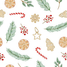 Watercolor Seamless Christmas Pattern With Cookies, Fir, Orange, Berries, Candy Cane. Isolated On White Background. Hand Drawn Clipart. Perfect For Card, Fabric, Tags, Invitation, Printing, Wrapping