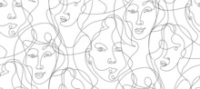 Abstract Seamless Pattern With One Line Portrait Of A Girl In The Style Of Cubism And Picasso Isolated On A White Background