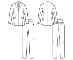 Wall Mural - Set of pant Suit - classic women jacket technical fashion illustration with two - pieces, single breasted, fitted body. Flat apparel template front, back, white color style. Men, unisex CAD mockup