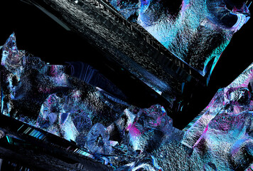3d render of abstract art of surreal 3d background texture with part of rough grunge damaged and scratches rock metal iron art piece in blue and purple gradient color