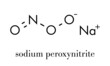 Peroxynitrite (sodium) reactive nitrogen species molecule. Formed by the reaction of the free radicals nitric oxide and superoxide in the human body. Skeletal formula.