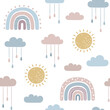 Seamless pattern with rainbows, sun and raindrops hanging from clouds in naive, childlike doodle style
