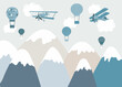 Vector color children hand drawn mountain, aircraft, plane and stars illustration in scandinavian style. Mountain landscape. Children's wallpaper. Mountainscape, children's room design, wall decor.