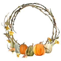 Canvas Print - Floral round frame of pumpkins