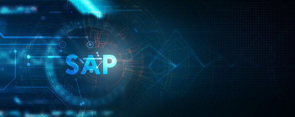 SAP System Software Automation concept on virtual screen data center. Business, modern technology, internet and networking concept.