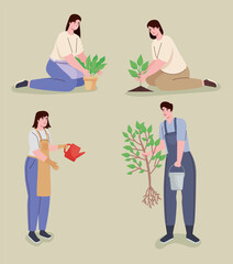 Wall Mural - four persons planting characters