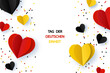 German Unity day - Tag der Deutschen Einheit. October 3rd. Background with Germany flags in heart shape and confetti. Vector template for banner, typography poster, flyer, greeting card.