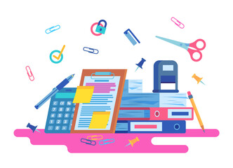 Wall Mural - Cartoon Color Office Supplies or Stationery Concept Flat Design Style Include of Pencil, Scissor, Calculator and Paperclip. Vector illustration