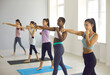 © Studio Romantic - Diverse group of confident beautiful young women having active sports workout at fitness studio. Team of gorgeous multiracial ladies doing fighting moves during physical training session at modern gym