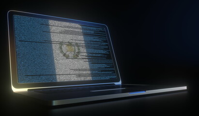 Open laptop and computer code on the screen composing flag of Guatemala. Modern information technology related 3d rendering