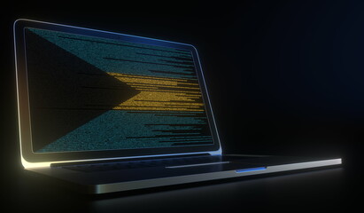 Flag of Bahamas made with computer code on the laptop screen. Hacking or cybersecurity related 3d rendering
