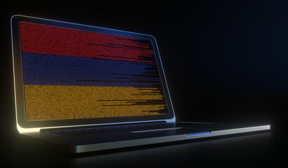 Flag of Armenia made with computer code on the laptop screen. Hacking or cybersecurity related 3d rendering