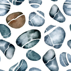  watercolor seamless pattern with river pebbles. oval smooth stones of gray-blue color with white veins, stripes. isolated on white background. simple print of the seabed, the bottom of the river