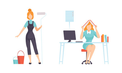 Sticker - Work and Career with Woman Janitor with Mop and Bucket and Sitting at Office Desk Vector Set