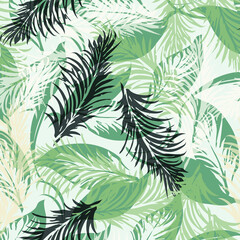 Tropical palm leaves, vector pattern. Jungle foliage illustration. Exotic plants. Summer beach floral design.