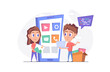 © Robodeski - App development. A girl and a boy with a laptop are developing an app for the phone. There are icons on the screen of the smartphone. Flat vector illustration.