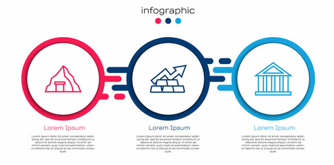 Set line Gold mine, Growth arrow with gold bars and Bank building. Business infographic template. Vector
