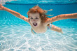© Volodymyr - Excited kid swim underwater in pool. Child under water. Funny face portrait of child boy swimming and diving underwater with fun in pool. Summer fun with children. Family summer vacation.