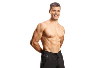 Poster - Fit guy posing shirtless and smiling at camera